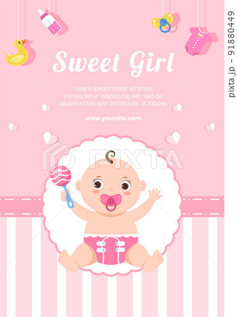 Baby Shower Little Girl Flyer Template Flat Cartoon Background Vector Illustration Baby Shower Little Girl Flyer Template Flat Cartoon Background Vector Illustration 91880449
