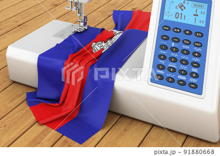 Sewing machine with Cambodian flag on the wooden table. 3D rendering 91880668