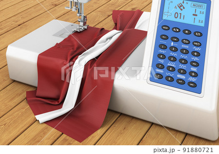 Sewing machine with Latvian flag on the wooden table. 3D rendering 91880721