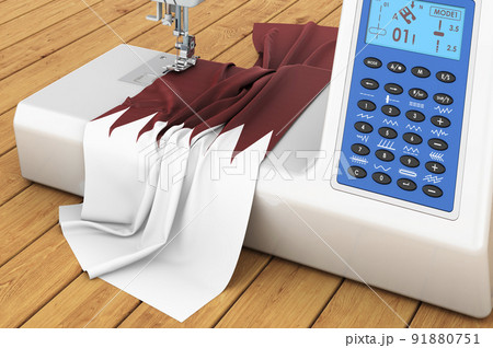 Sewing machine with Qatari flag on the wooden table. 3D rendering 91880751