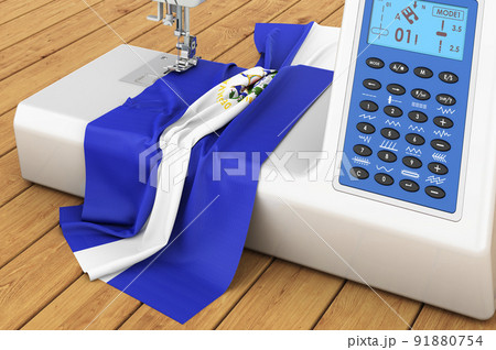 Sewing machine with Salvadoran flag on the wooden table. 3D rendering 91880754