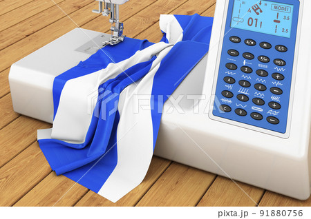 Sewing machine with Scottish flag on the wooden table. 3D rendering Sewing machine with Scottish flag on the wooden table. 3D rendering 91880756