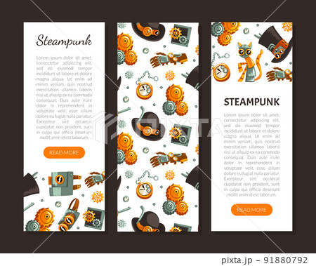 Steampunk Retrofuturistic Technology Design with Industrial Steam-powered Mechanism Vector Template 91880792