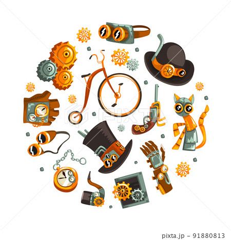 Steampunk Retrofuturistic Technology with Industrial Steam-powered Mechanism Round Vector Composition 91880813