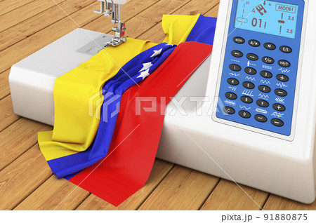 Sewing machine with Venezuelan flag on the wooden table. 3D rendering Sewing machine with Venezuelan flag on the wooden table. 3D rendering 91880875