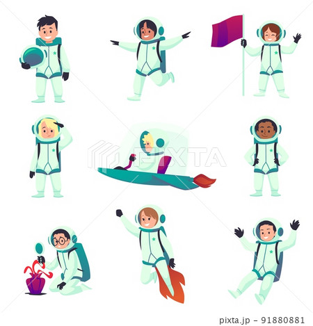 Kid astronauts cartoon vector characters with rocket, set of flat illuatrations 91880881