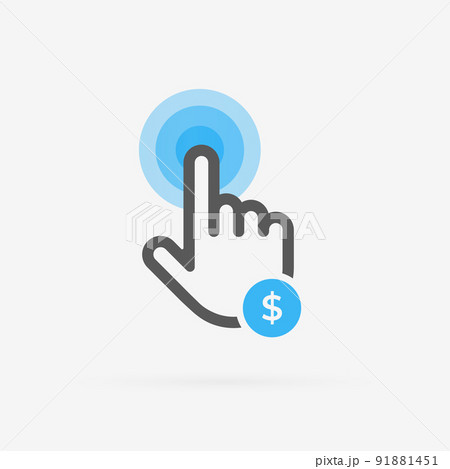 Pay per Click vector icon. PPC or CPL Cost per Lead digital marketing advertising strategy. Hand in the form of a cursor with an icon of money, clicks on advertising concept with black and blue color 91881451