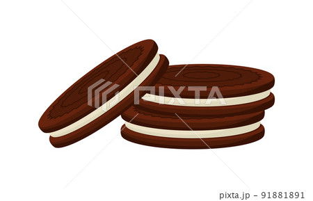 Chocolate cookies with a white cream layer. Dessert, sweets. Flat, cartoon style. Color vector illustration isolated on a white background. 91881891