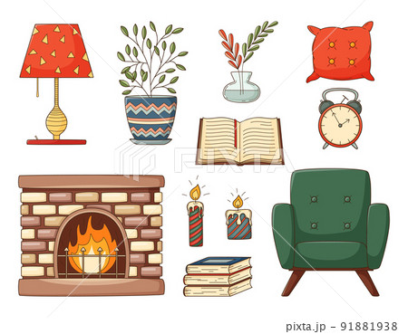 A set of colored doodles. Home furnishings, armchair, books, pillow, fireplace, vase, houseplant, alarm clock, candles. Decorative elements with stroke and fill. Vector illustration isolated on white 91881938