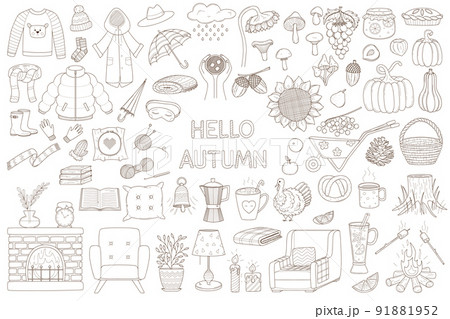A set of decorative elements. Cozy autumn. Warm clothing, forest, harvest, interior items. Design collection of outline doodles. Black white vector illustration. Isolated on a white background A set of decorative elements. Cozy autumn. Warm clothing, forest, harvest, interior items. Design collection of outline doodles. Black white vector illustration. Isolated on a white background 91881952