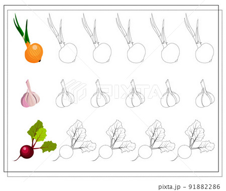 game for kids outline, practice handwriting, vegetablion, garlic, beetroot. vector 91882286