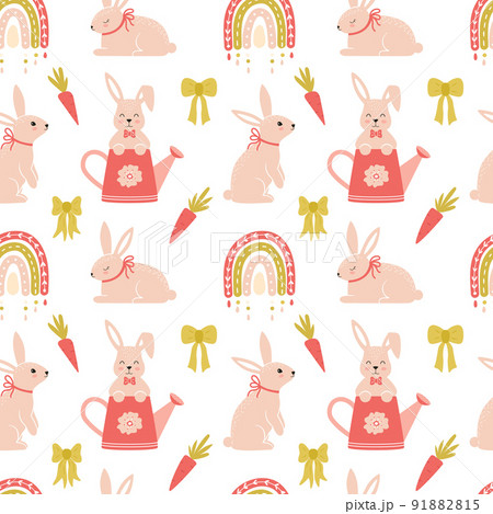 Seamless pattern with cute bunnies, boho rainbow, carrots and bows. Cartoon rabbits characters. Great for baby textiles, baby clothes, gift paper. Vector illustration on a white background. Seamless pattern with cute bunnies, boho rainbow, carrots and bows. Cartoon rabbits characters. Great for baby textiles, baby clothes, gift paper. Vector illustration on a white background. 91882815
