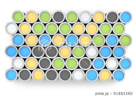 Set of open metal can or buckets of paint in row pattern on white background. 91883360