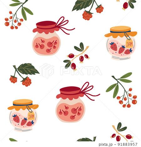Homemade jars with jam seamless pattern. Food print. Glass jars with delicious sweet berry marmalade. Berries, strawberries, cherries, raspberries and gooseberries. Great for fabric, textile. Vector 91883957