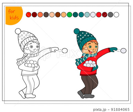 coloring book for kids by colors, cute cartoon child playing snowballs, vector isolated 91884065