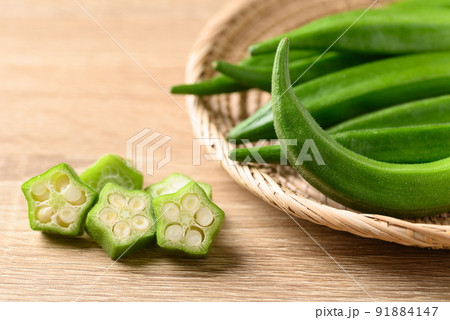 Fresh green okra, Organic vegetable, Asian food ingredients 91884147
