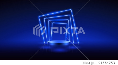 Cylinder Podium with Neon on Dark Blue Background 91884253