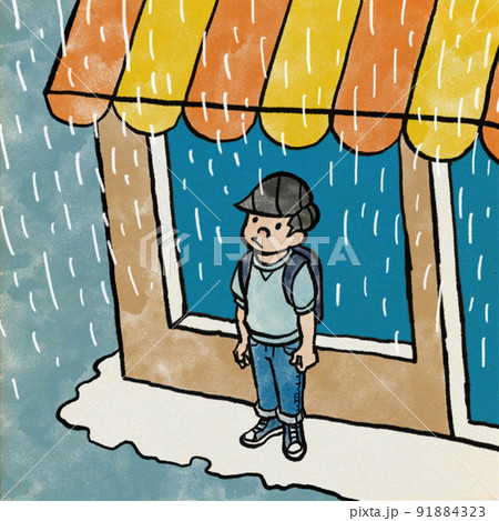 お店の軒先で雨宿りをする男のイラスト素材 [91884323] - PIXTA