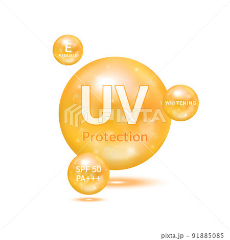 UV protection your skin ultraviolet sunblock. SPF 50 sun protection. Cosmetic products design with vitamin E cream whitening for skin care. On a white background  91885085