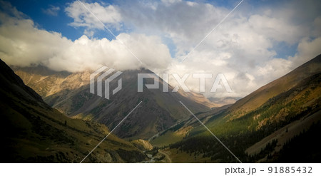 Panoramic view to Barskoon pass, river and gorge and Sarymoynak pass, Jeti-Oguz, Kyrgyzstan Panoramic view to Barskoon pass, river and gorge and Sarymoynak pass, Jeti-Oguz, Kyrgyzstan 91885432