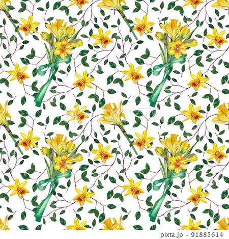 Seamless pattern of yellow bouquets of daffodils and tulips. Suitable for the design of printing, textiles, wallpaper, scrapbooking and more. 91885614