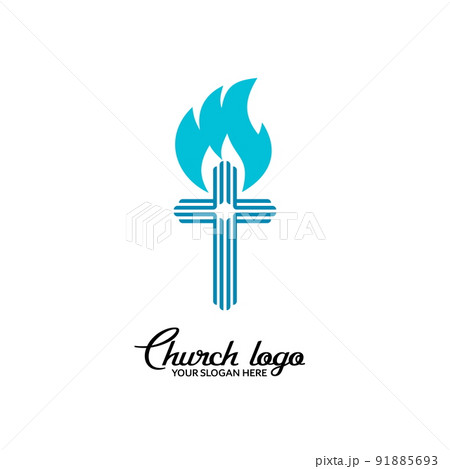 Church logo. Christian symbols. The cross of Jesus and the flame of the Holy Spirit. 91885693