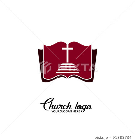 Church logo. Christian symbols. Steps leading to the crucifix on the background of an open bible. 91885734