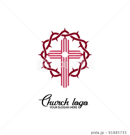 Church logo. Christian symbols. Cross on the background of the crown of thorns. 91885735