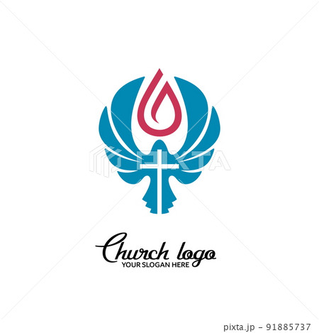 Church logo. Christian symbols. Dove and cross of Jesus Christ. 91885737