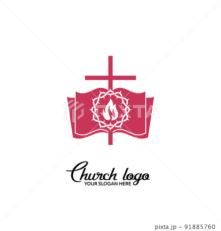 Church logo. Christian symbols. The cross of Jesus Christ, the crown of thorns and the flame of the Spirit against the backdrop of an open bible. Church logo. Christian symbols. The cross of Jesus Christ, the crown of thorns and the flame of the Spirit against the backdrop of an open bible. 91885760