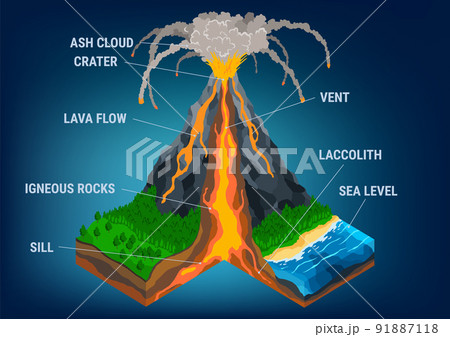 Isometric of volcano in cross section infographic. Structure with indicating of magma chamber, gases cone, vent and crater lava bomb ash. Section of the Earth crust 91887118