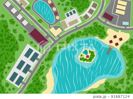 Suburban map. Village with lake, aerial view. Editable vector plan of generic residential area. GPS, city navigation with roads buildings, park and lake 91887124