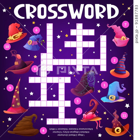 Witch and wizard hats, crossword puzzle worksheet, find a word quiz game grid. Vector search riddle with magician headwear for children learning activity. Cross word kids test with cartoon mage caps 91887783
