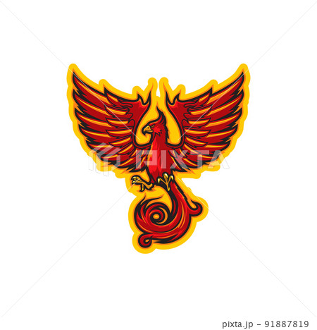 Phoenix bird mascot for sport team or players club, vector emblem. Basketball or baseball college and football soccer or hockey varsity league players mascot badge with phoenix bird in fire flames 91887819