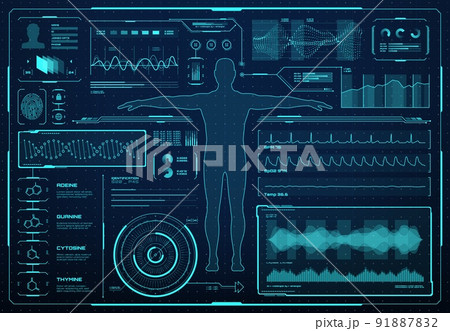 HUD interface, health care and medicine graphs, charts and infographics, vector futuristic medical technology, HUD interface with human body hologram, medical diagnostics and future biomedicine screen 91887832
