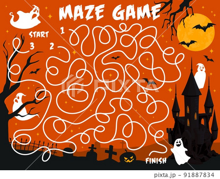 Labyrinth maze game, Halloween ghosts on cemetery, kids puzzle or vector worksheet. Labyrinth riddle with start and finish to find way in maze for funny spooky ghost to Halloween castle on cemetery 91887834