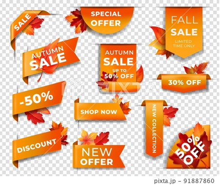 Labels, banners and ribbon corners with autumn leaves. Isolated vector tags for fall season discount, shop order, store sale promotional campaign. Advertising for new collection, promo coupons set 91887860
