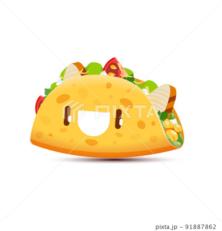 Cartoon tacos kawaii character, funny vector tex mex fast food personage. Mexican meal filled with lettuce, chicken and vegetables. Snack with happy eyes and smiling face for kids menu, takeaway dish Cartoon tacos kawaii character, funny vector tex mex fast food personage. Mexican meal filled with lettuce, chicken and vegetables. Snack with happy eyes and smiling face for kids menu, takeaway dish 91887862