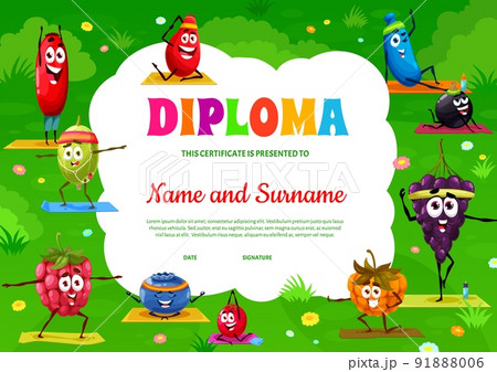 Kids diploma, cartoon berry characters on yoga fitness, vector education certificate. School or kindergarten diploma award with funny raspberry, blueberry, grape and blackcurrant on yoga meditation Kids diploma, cartoon berry characters on yoga fitness, vector education certificate. School or kindergarten diploma award with funny raspberry, blueberry, grape and blackcurrant on yoga meditation 91888006