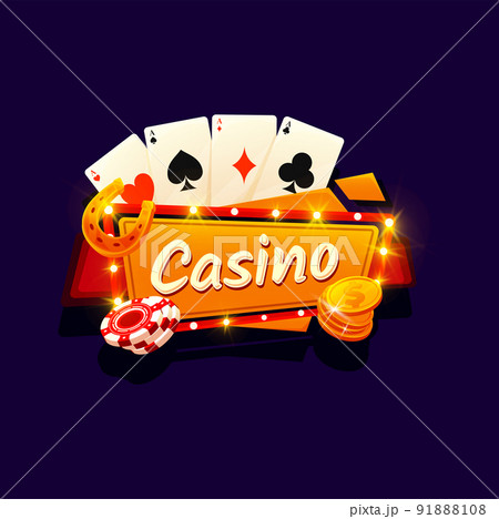 Casino gamble game, poker cards signboard with gold coins and chips, vector cartoon background. Vegas casino gambling slot machine game sign with neon lamps lights and lucky golden horseshoe Casino gamble game, poker cards signboard with gold coins and chips, vector cartoon background. Vegas casino gambling slot machine game sign with neon lamps lights and lucky golden horseshoe 91888108