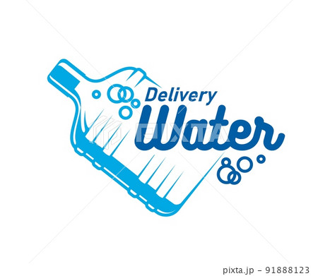 Water delivery icon of bottle with bubbles, vector blue plastic gallon. Water delivery service logistics and distribution company emblem for drinking and mineral water for office or home 91888123