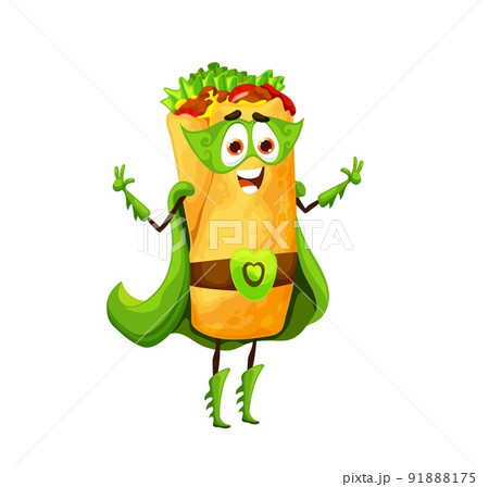 Cartoon mexican burrito superhero character. Fast food meal, mexican cuisine takeaway burger funny hero defender character. Isolated funny burrito superhero personage wearing belt, mask and cloak Cartoon mexican burrito superhero character. Fast food meal, mexican cuisine takeaway burger funny hero defender character. Isolated funny burrito superhero personage wearing belt, mask and cloak 91888175