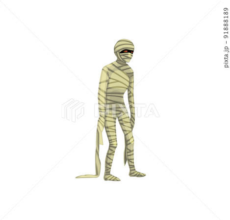 Cartoon spooky mummy Halloween character, isolated vector bandaged monster. Eerie personage, costume for kids party, horror egyptian mummified human body with red glowing eyes wrapped in bandage Cartoon spooky mummy Halloween character, isolated vector bandaged monster. Eerie personage, costume for kids party, horror egyptian mummified human body with red glowing eyes wrapped in bandage 91888189
