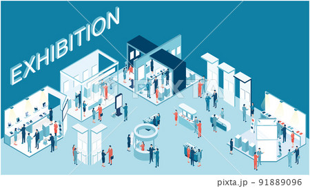 たくさんの来場者で溢れるビジネス展示会イベントのアイソメイラスト たくさんの来場者で溢れるビジネス展示会イベントのアイソメイラスト 91889096