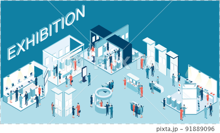 たくさんの来場者で溢れるビジネス展示会イベントのアイソメイラスト たくさんの来場者で溢れるビジネス展示会イベントのアイソメイラスト 91889096