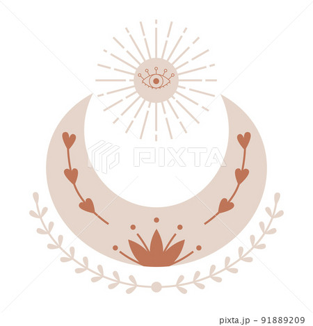 Boho, celestial element. A crescent moon with twigs, the sun and an open outline eye. A mystical, esoteric, mysterious symbol. Vector decorative element. Illustration is isolated on a white background 91889209