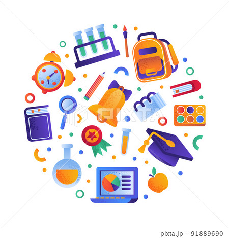 School Objects and Supplies with Backpack, Graduation Hat, Alarm Clock and Bell Vector Round Composition School Objects and Supplies with Backpack, Graduation Hat, Alarm Clock and Bell Vector Round Composition 91889690