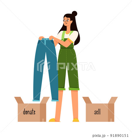 A young girl with dark hair is holding blue jeans in her hands and is thinking of donating it or selling it.The theme of reasonable consumption, cluttering, sorting clothes. Flat vector illustration. A young girl with dark hair is holding blue jeans in her hands and is thinking of donating it or selling it.The theme of reasonable consumption, cluttering, sorting clothes. Flat vector illustration. 91890151