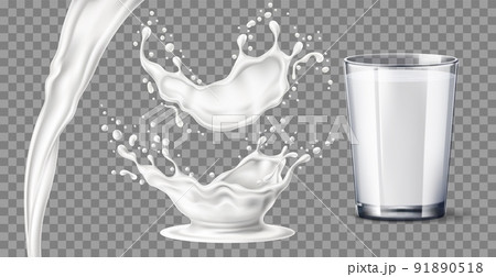 Milk splash glass. Realistic white yoghurt drops, jet and splashes, transparent full cup with drink, milkshake and kefir, fresh dairy product, isolated 3d objects, utter vector set 91890518
