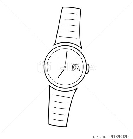 Mechanical analog round wrist watch with hands. Watch with a bracelet. Linear icon. Hand-drawn black and white vector illustration. Isolated on a white background 91890892